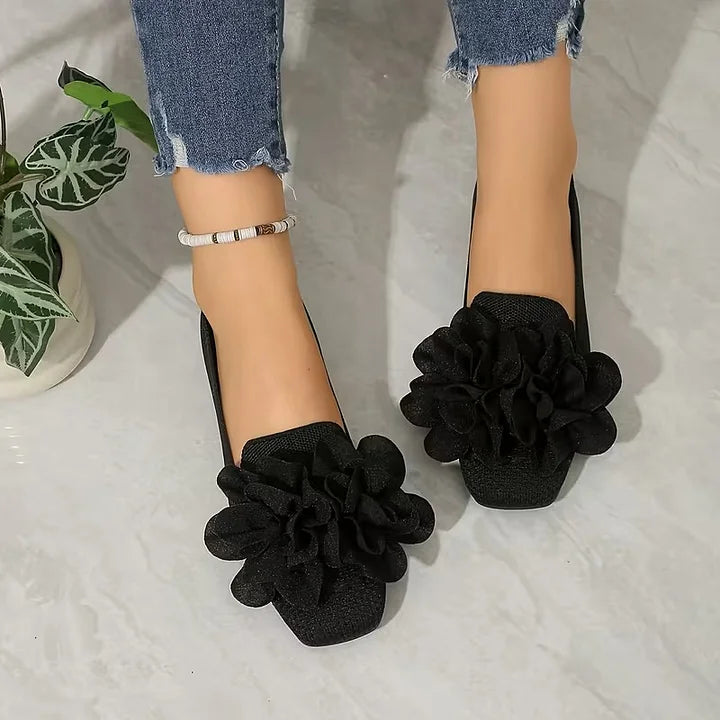 Catriona | Flower Knit Square Toe Ballet Flats