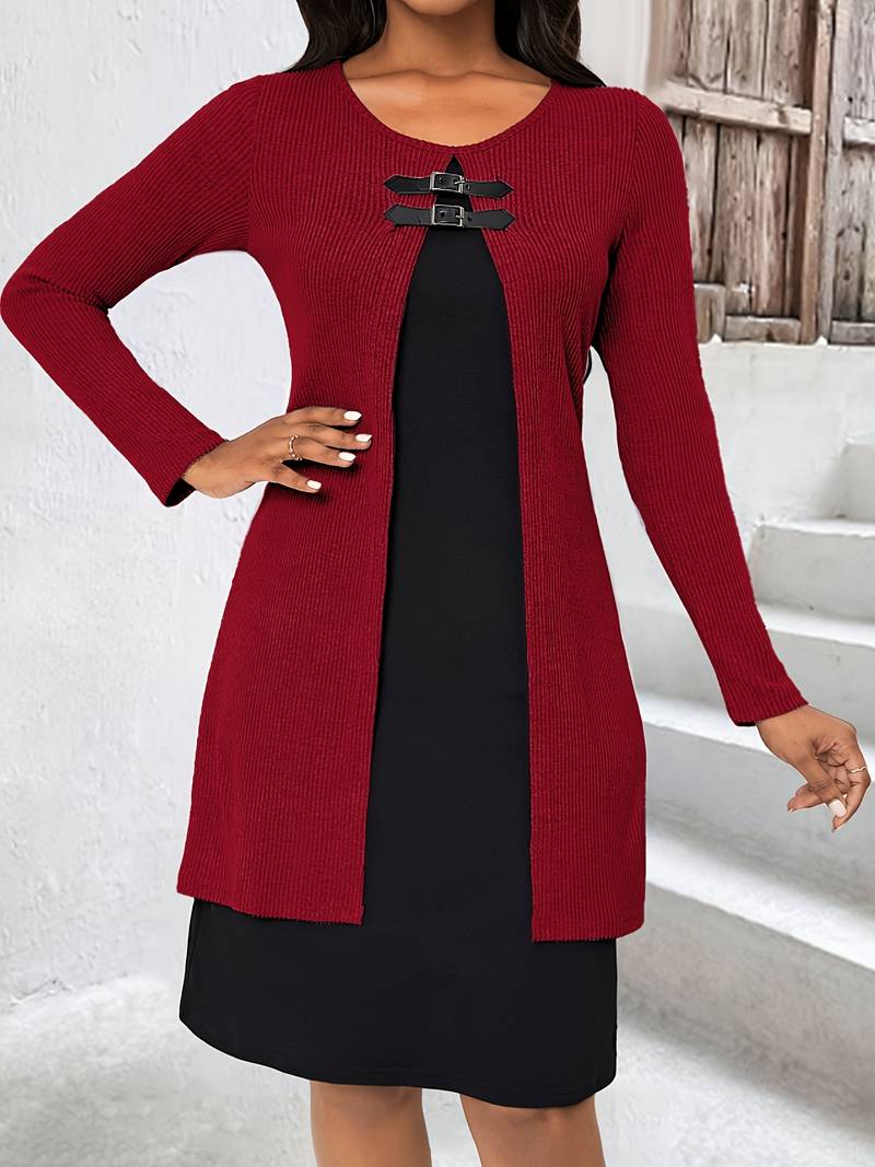 Shirahoshi | Ribbed Long Sleeve Buckle Front Dress