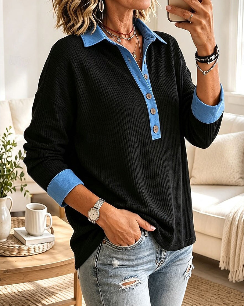Klishina | Ribbed Polo Top Button Front Collar