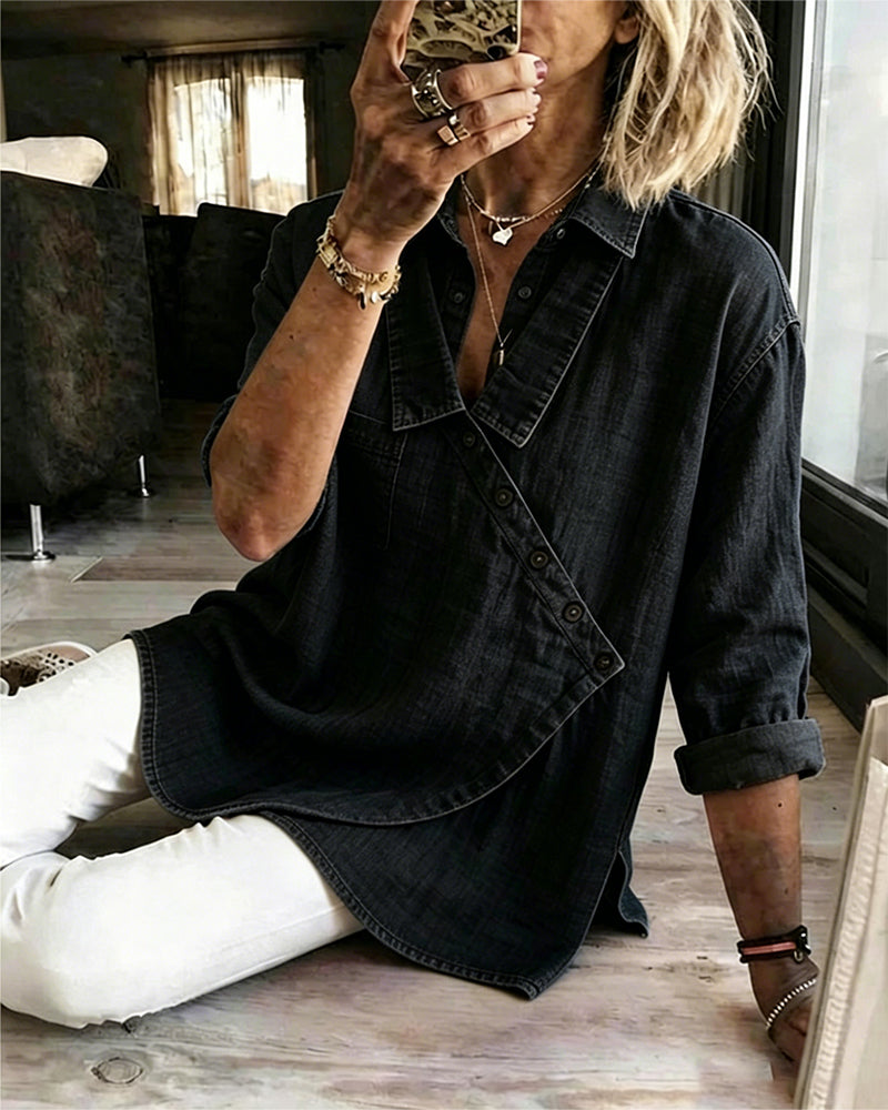 Olizia | Denim-Style Wrap Button Blouse
