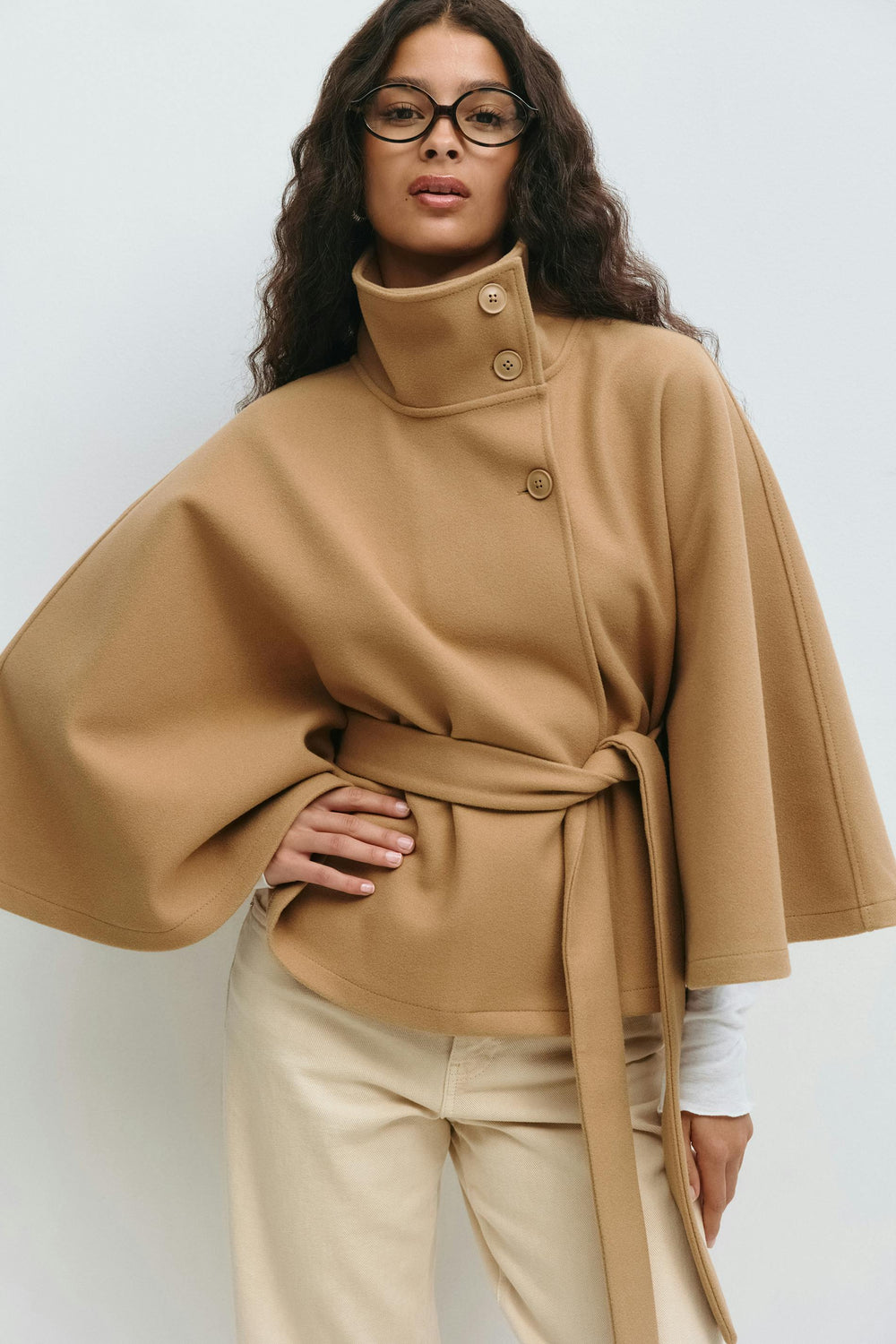 Ankica | Belted Cape Coat High Collar Button Front
