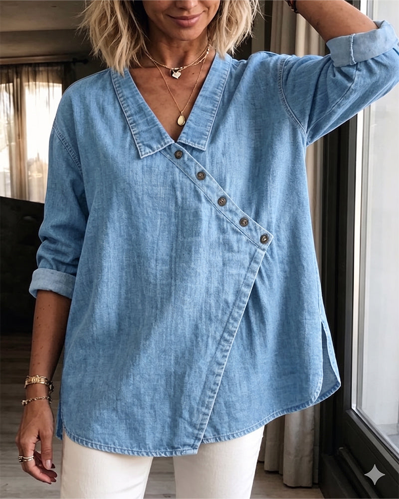 Olizia | Denim-Style Wrap Button Blouse
