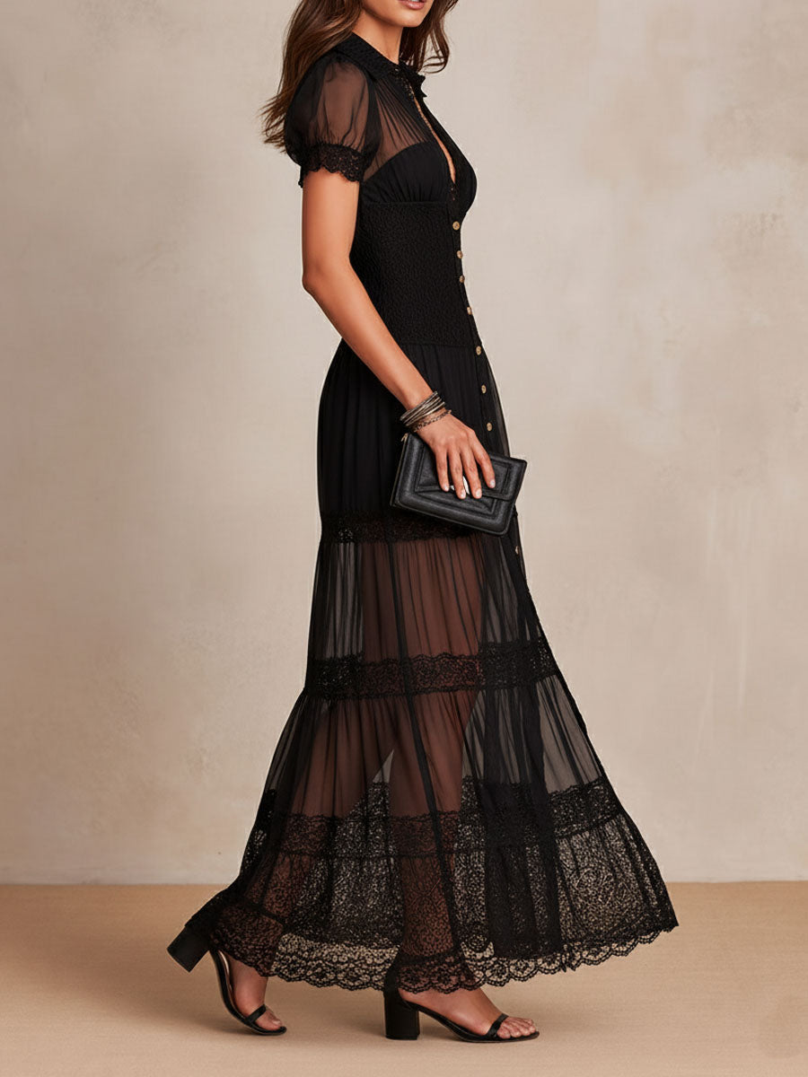 Charuek | Maxi Dress with Sheer Lace and Buttons