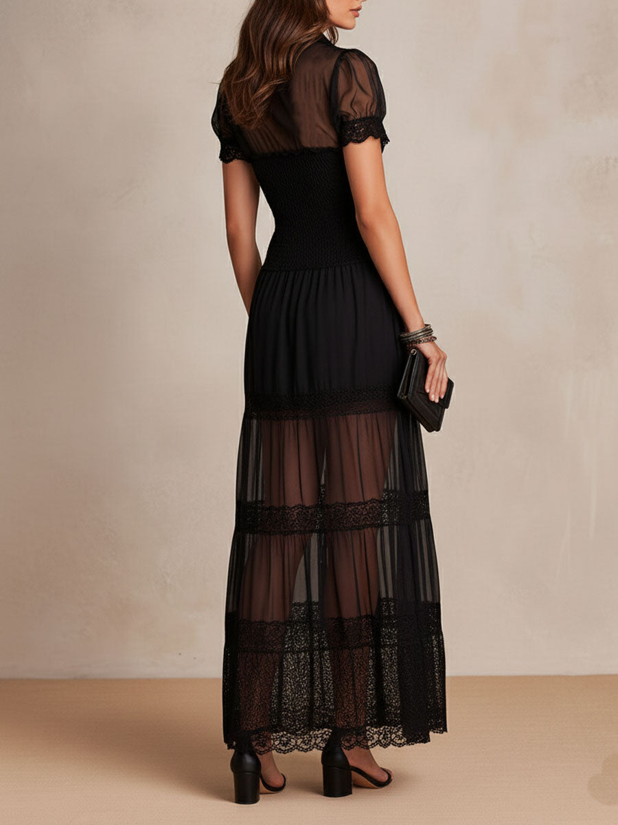 Charuek | Maxi Dress with Sheer Lace and Buttons