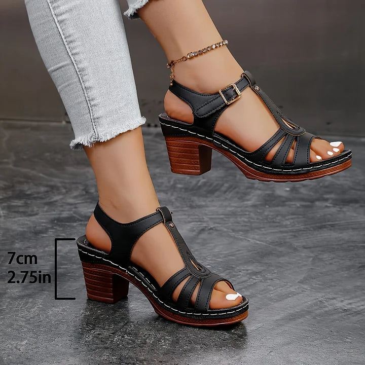 Leanna - Block Heel T Strap Buckle Sandals
