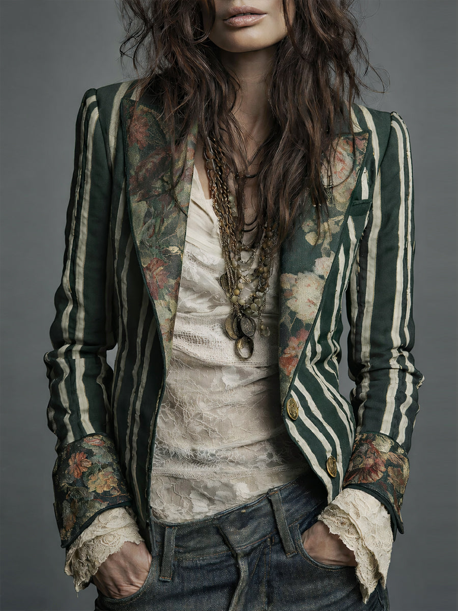 Shalisa - Striped Floral Trim Tailored Blazer