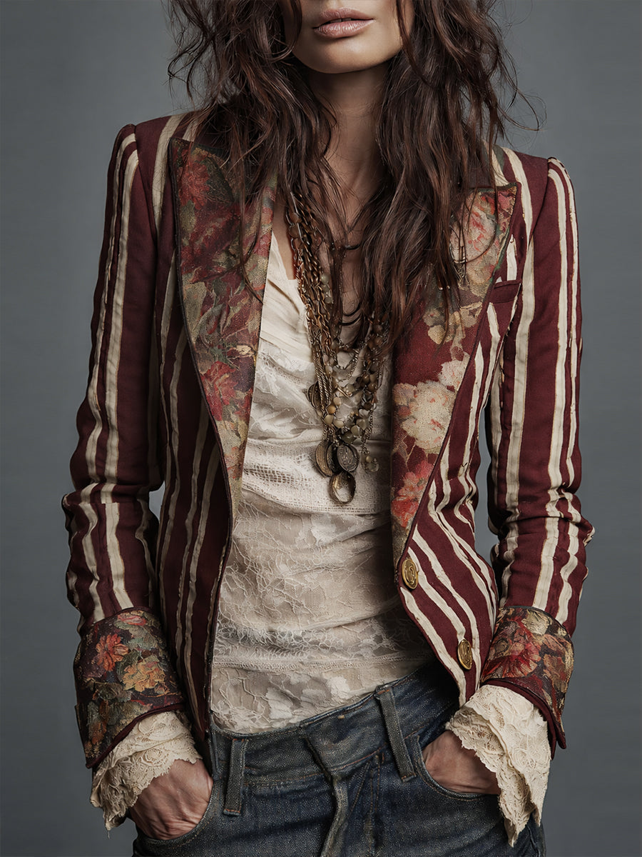 Shalisa - Striped Floral Trim Tailored Blazer