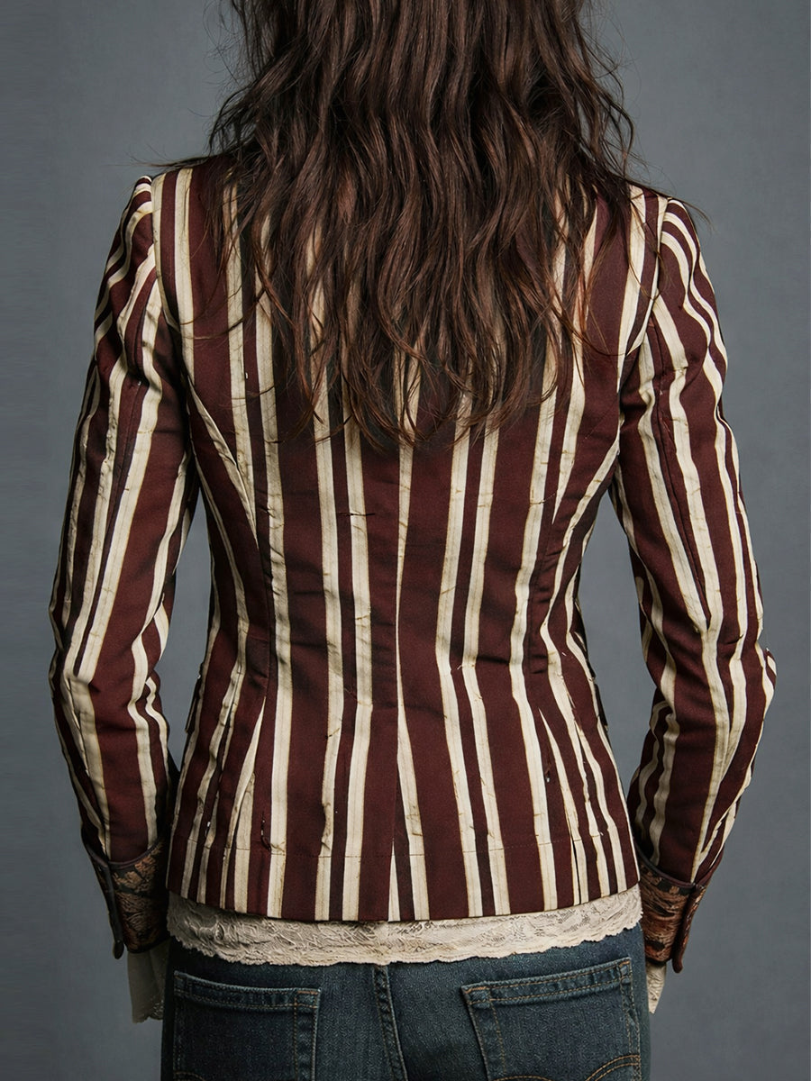 Shalisa - Striped Floral Trim Tailored Blazer