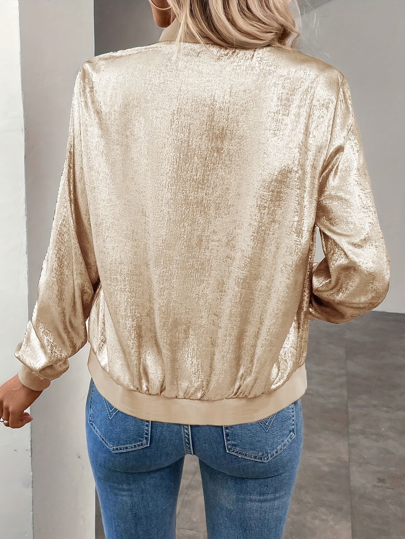 Marla | Metallic Zip-Up Long Sleeve Bomber Jacket