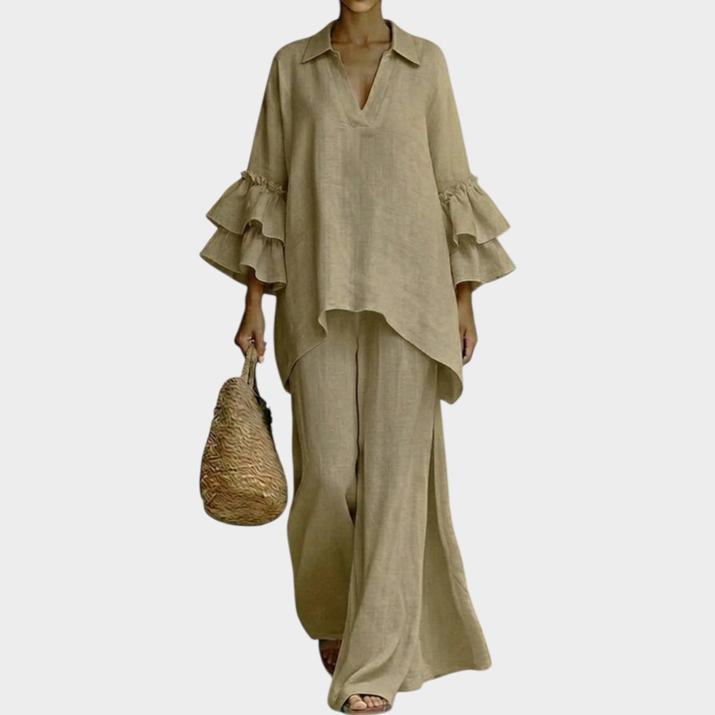 Fien | Linen Co-Ord Set V Neck Ruffle Sleeve