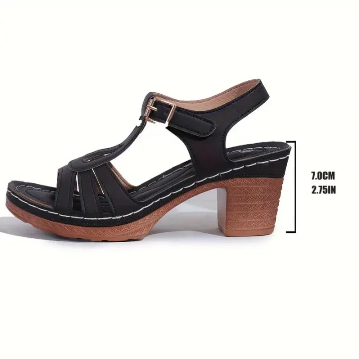 Leanna - Block Heel T Strap Buckle Sandals