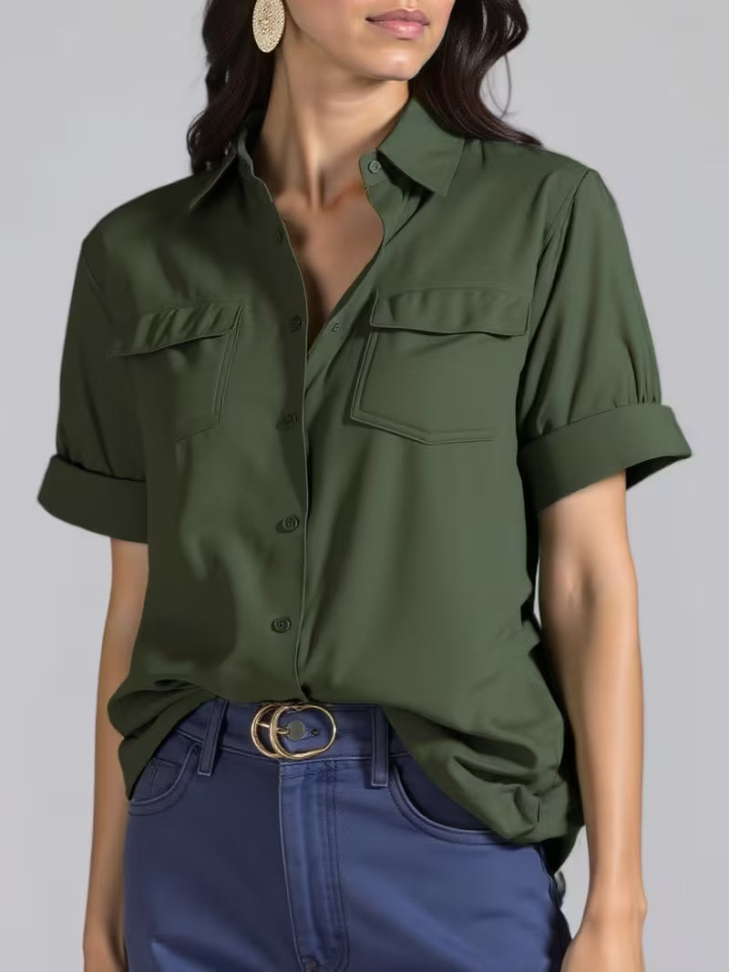 Ornilla | Short Sleeve Collared Pocket Blouse
