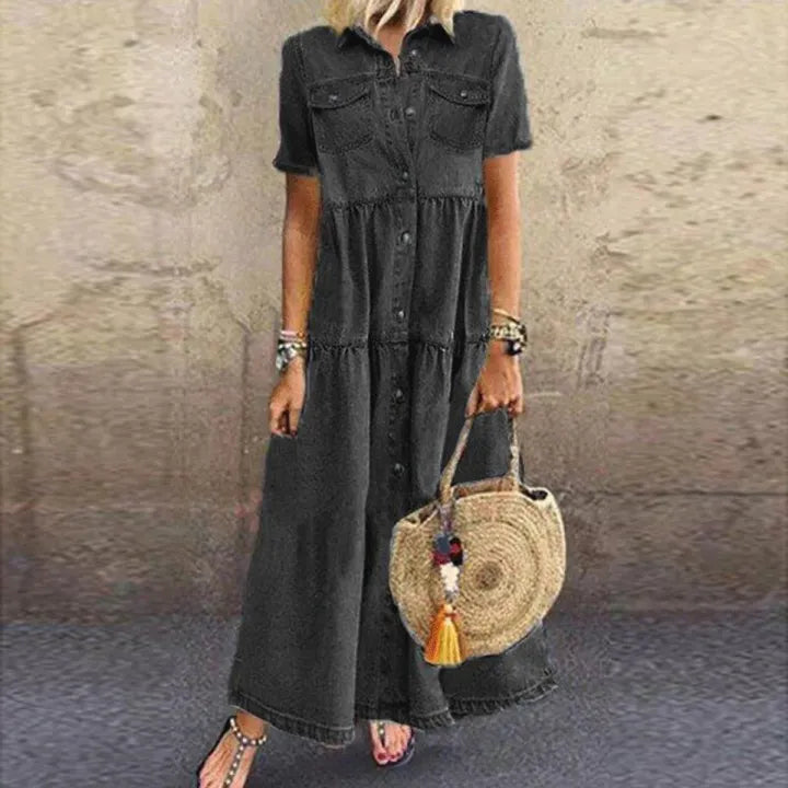 Gudelia | Denim Style Tiered Button Dress