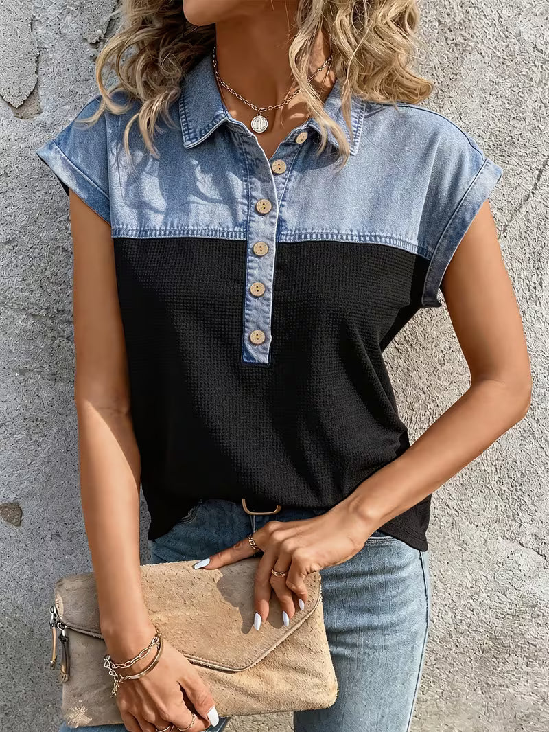 Haily | Cap Sleeve Button Front Collared Top