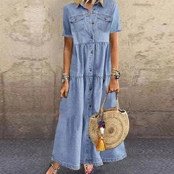 Gudelia | Denim Style Tiered Button Dress