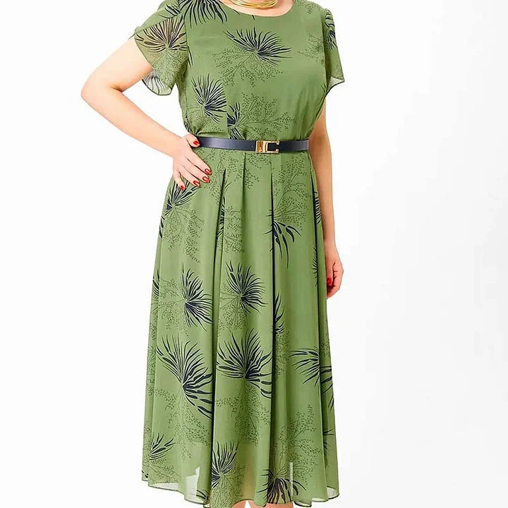 Basma | Green Leaf Print Short Sleeve Midi Dress