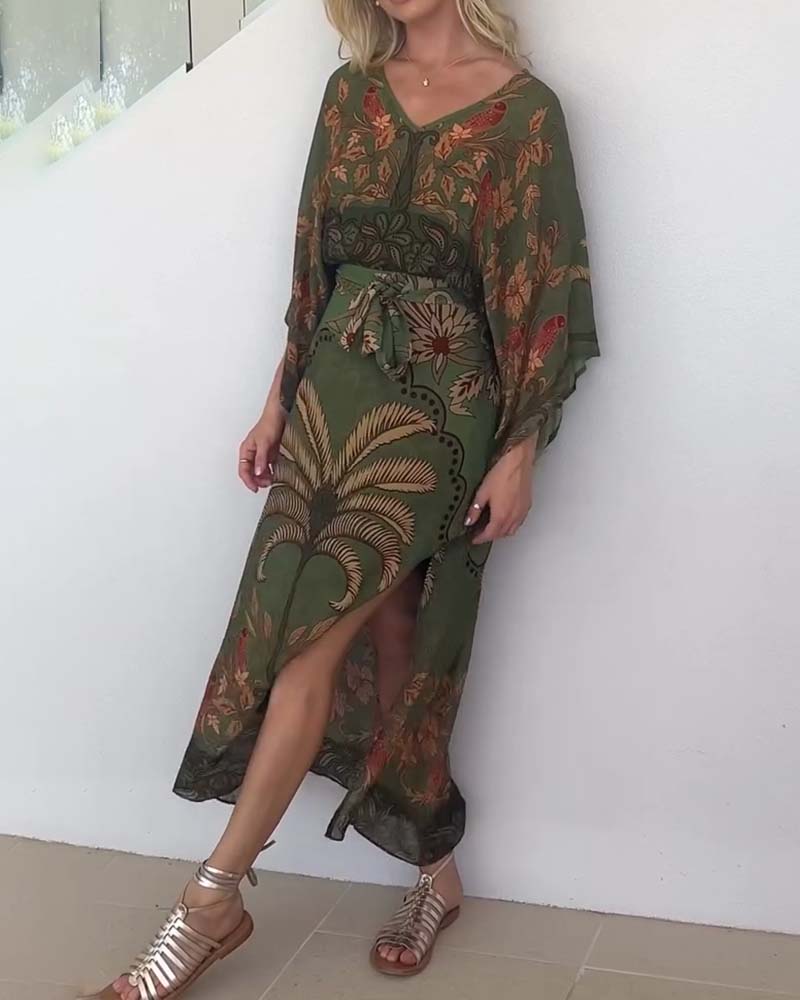 Brini | Olive Floral Print Kimono Sleeve Dress