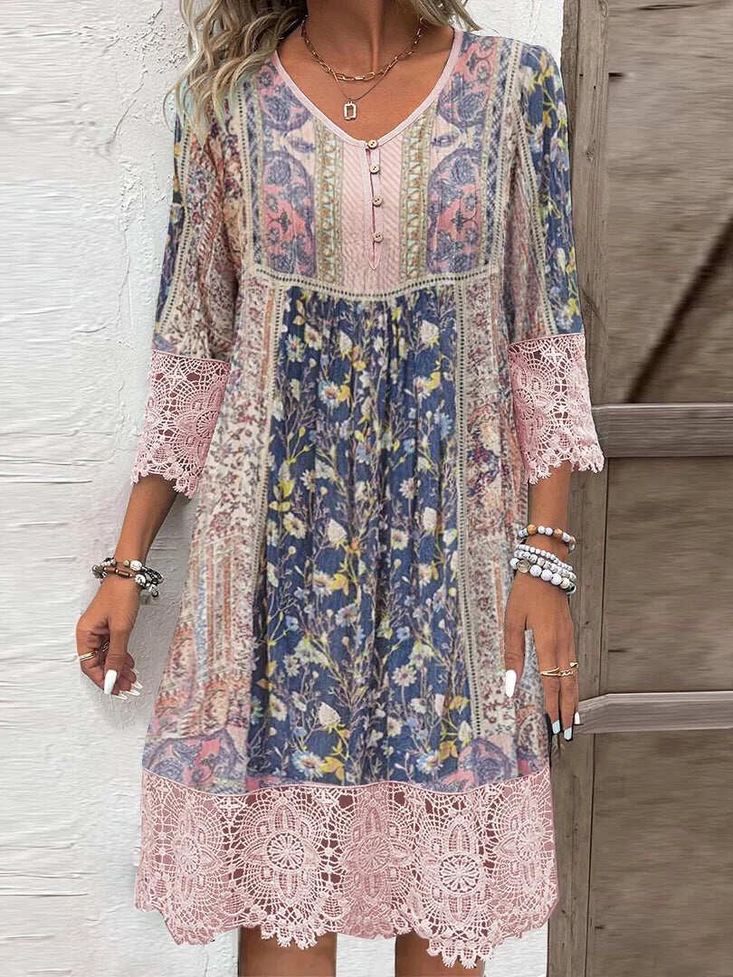 Tegan | Floral Print Lace Trim Midi Dress