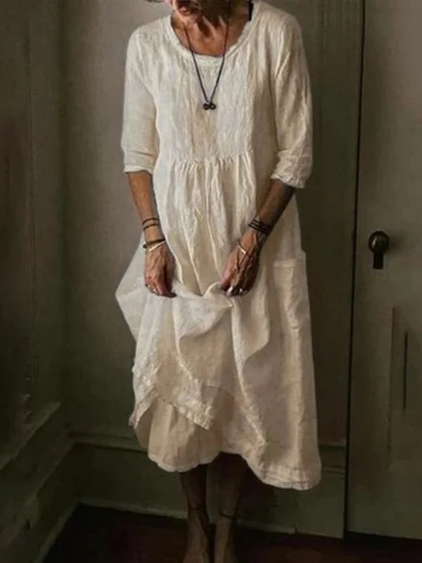Tasoula | Round Neck Midi Linen-Style Dress