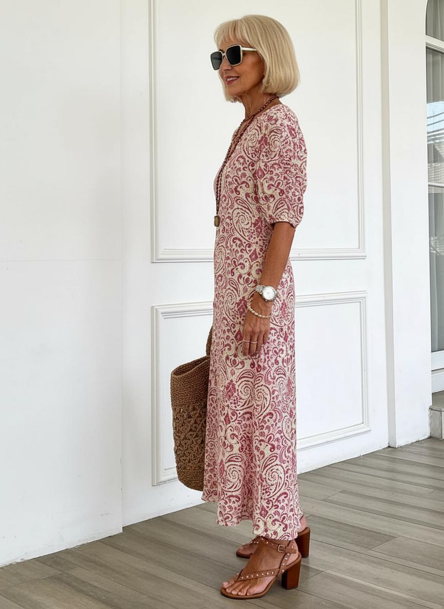 Zarmina | V-Neck Pink Paisley Midi Dress