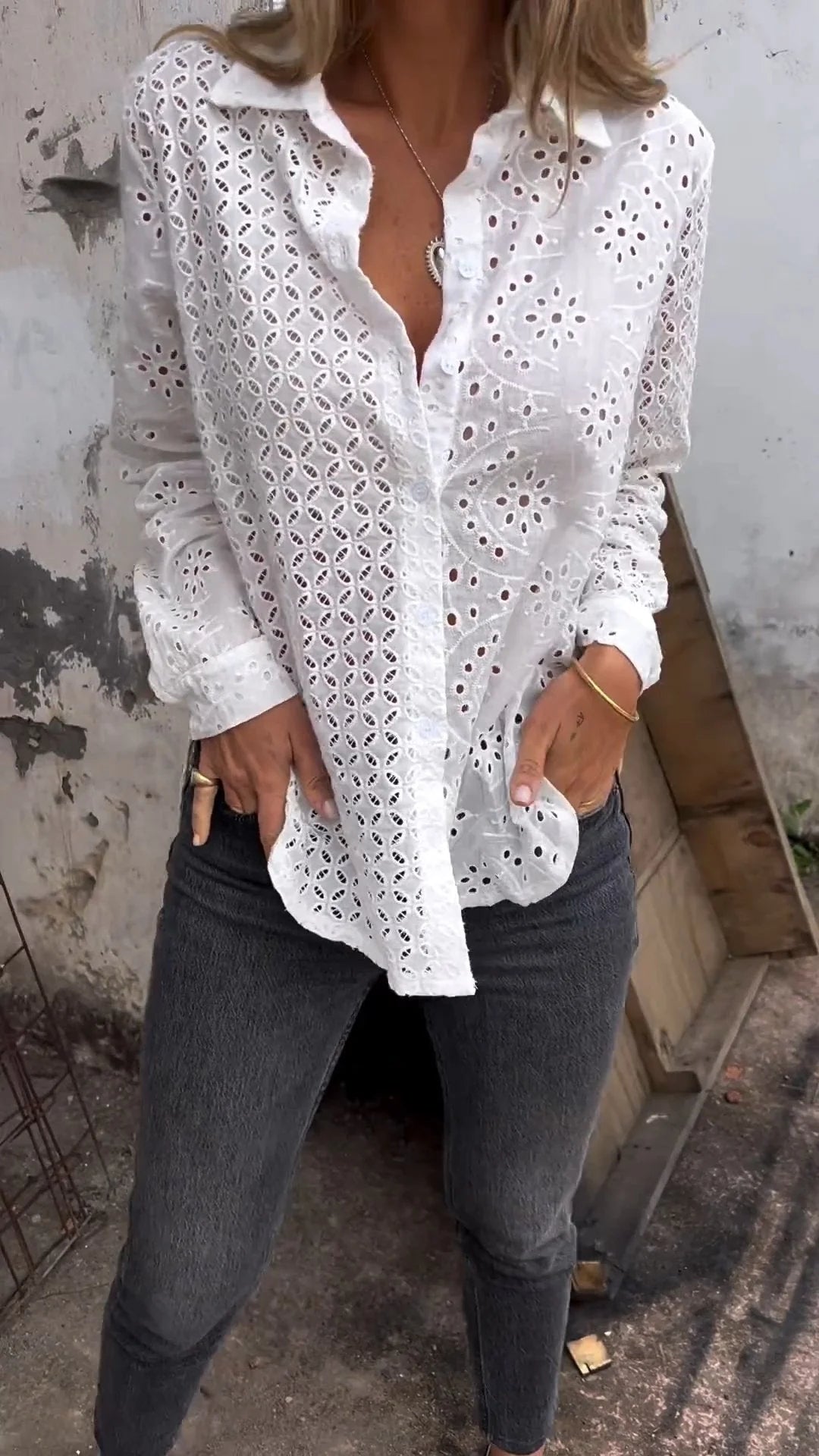 Tommie | Eyelet Long Sleeve Button Blouse