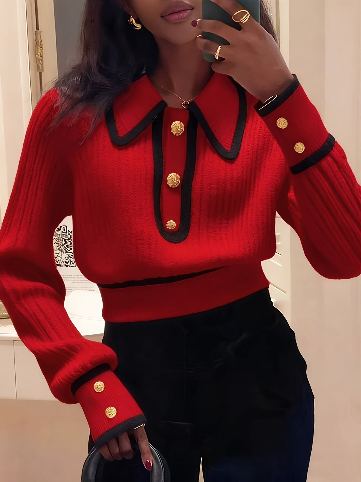 Roweina | Long Sleeve Contrast Trim Button Jumper
