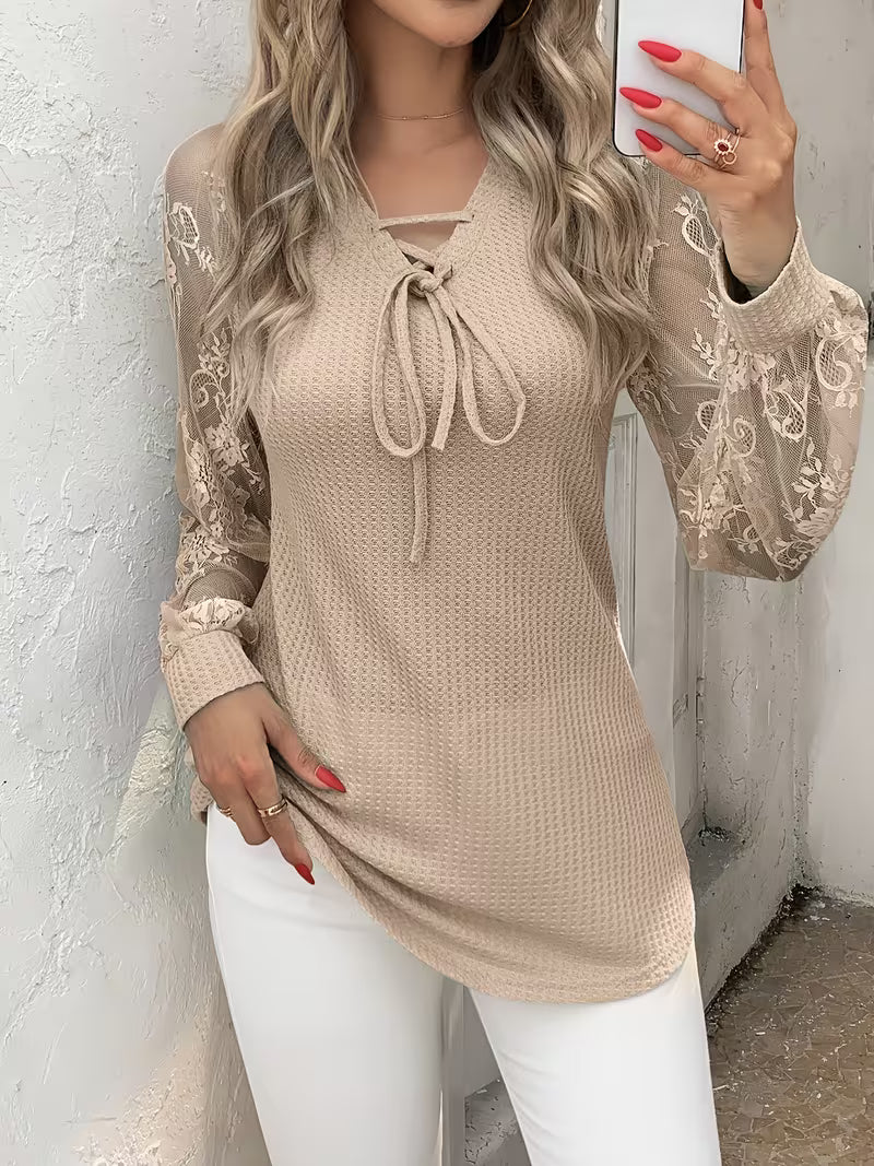 Wazina | Long Sleeve Lace V-Neck Tie Top
