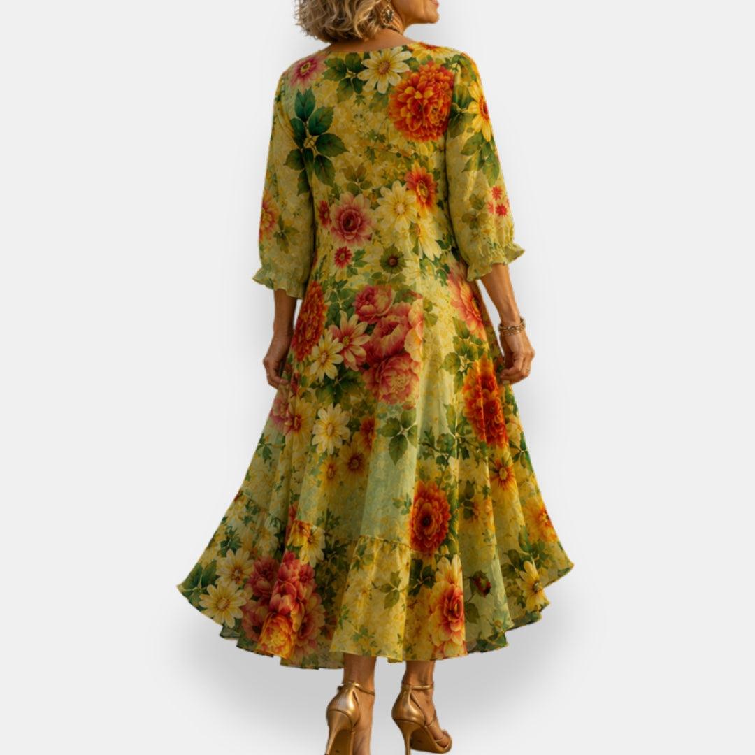 Emila | Dress Floral V-Neck Three-Quarter Sleeve Maxi