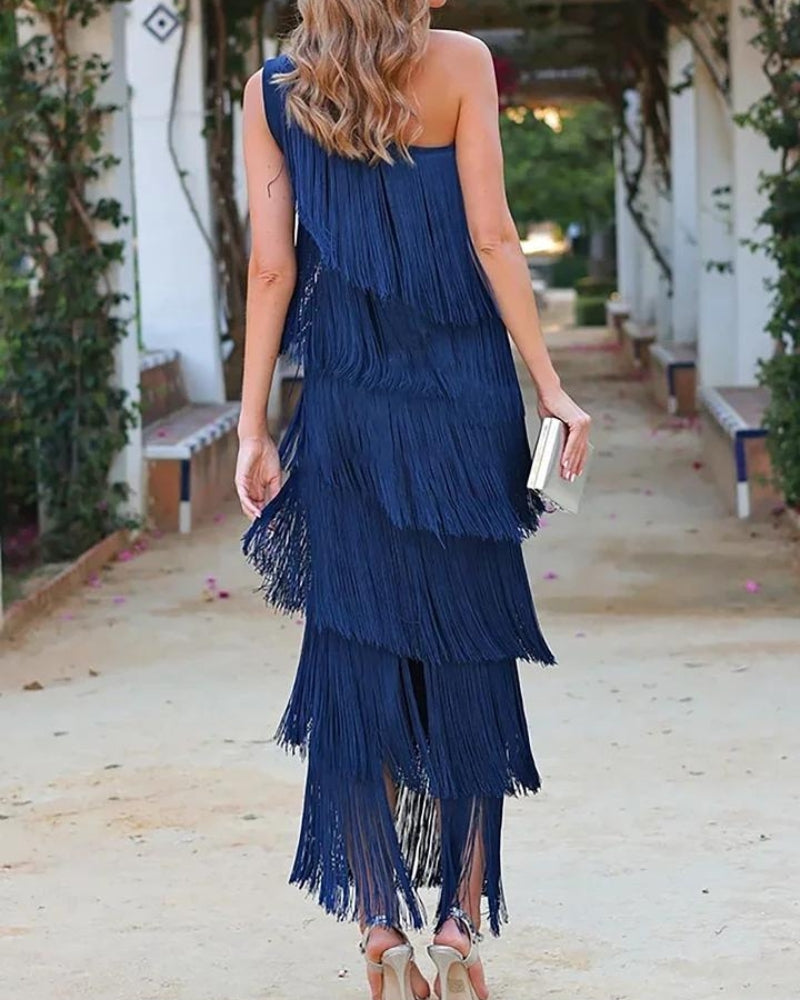 Mirella | One Shoulder Fringe Tiered Maxi Dress