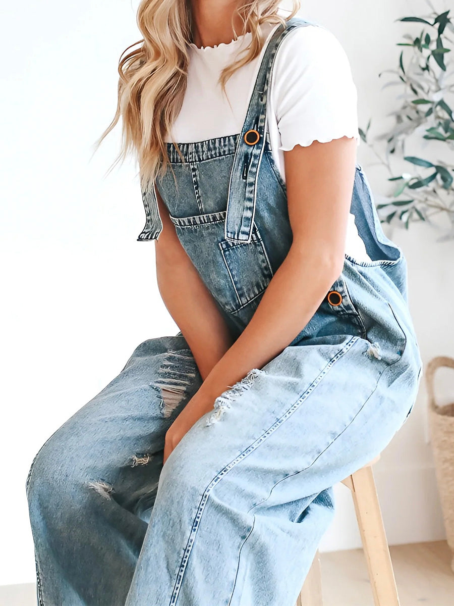 Clarice | Denim Overalls Wide Leg Distressed