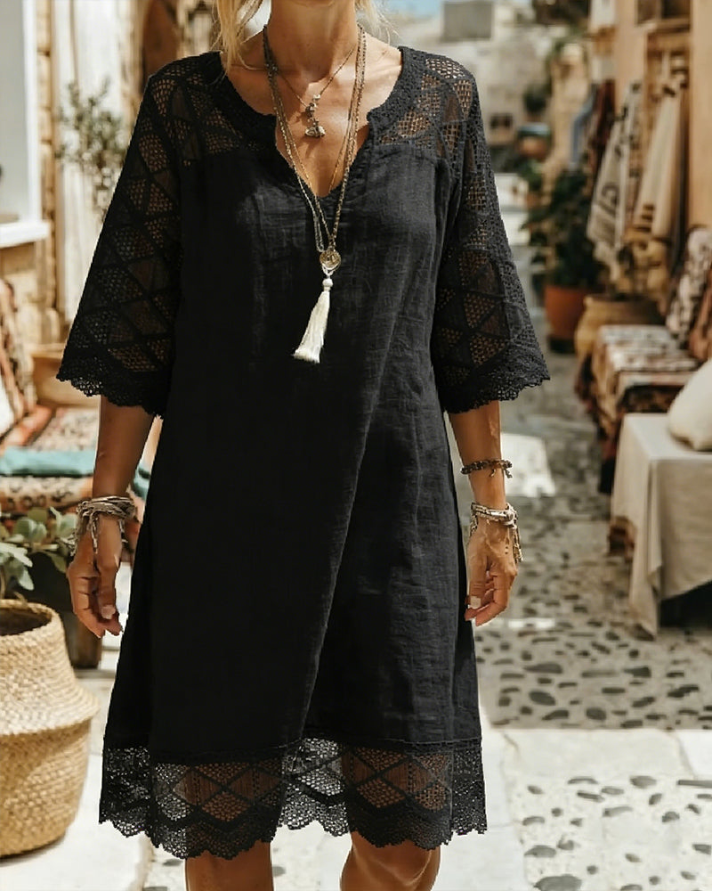 Kilina | V Neck Lace Trim Midi Dress