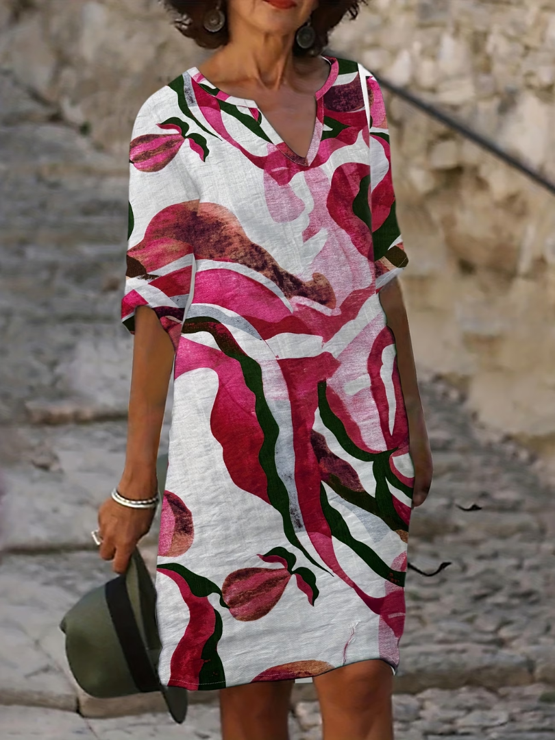 Evgeniya | Abstract Print V Neck Shift Dress