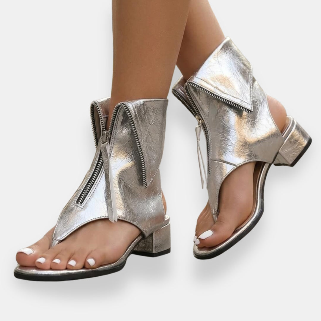Sadiya | Metallic Zip Front Block Heel Sandals