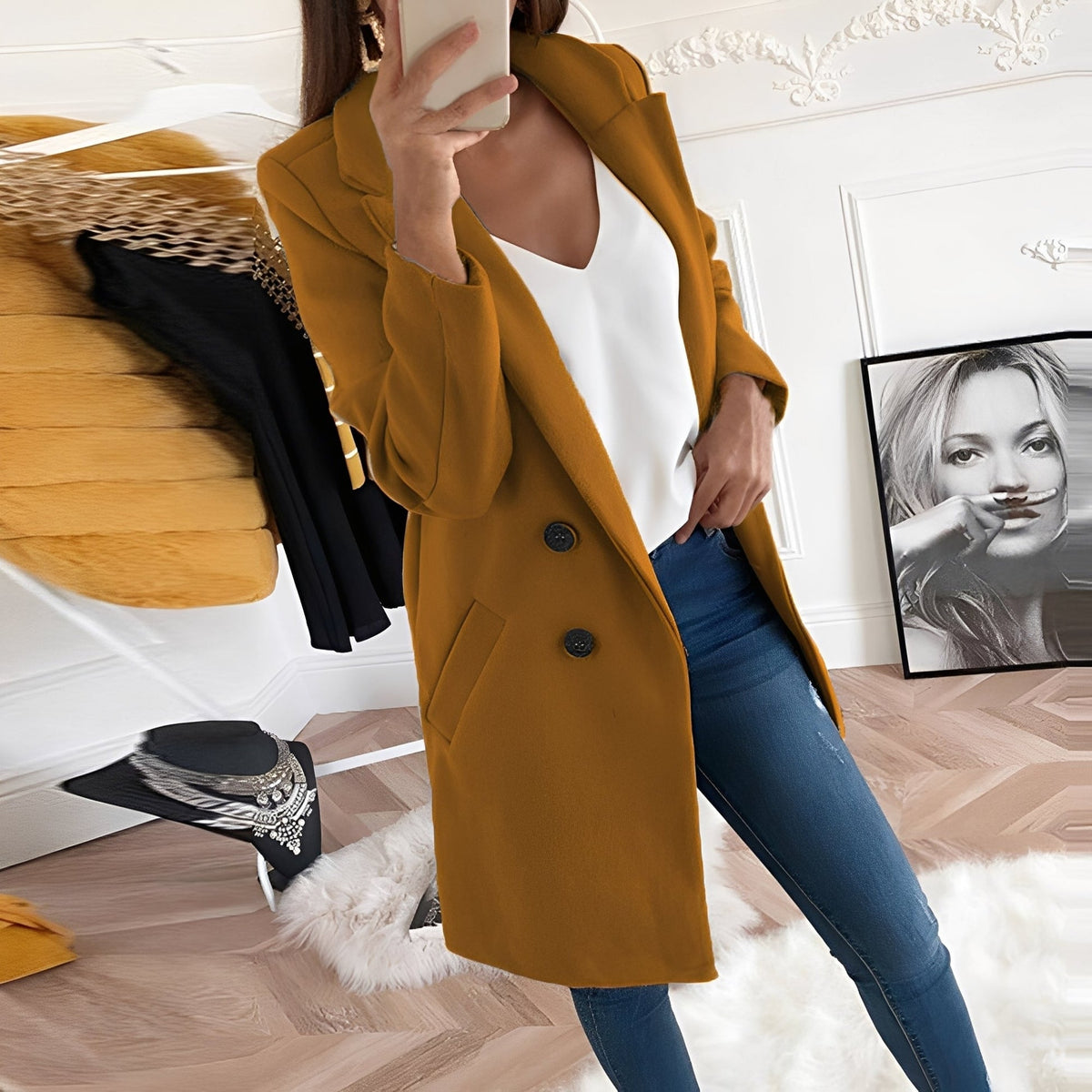 Casey | Thigh Length Coat with Notched Lapels