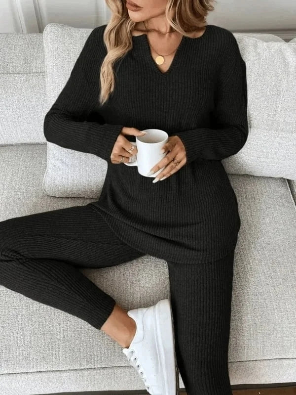 Renfri | Ribbed V-Neck Long-Sleeve Two-Piece Set
