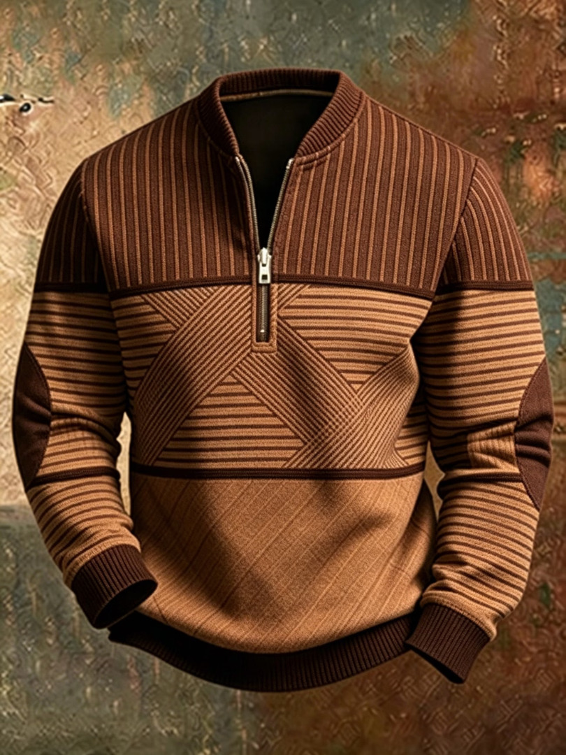 Theous | Long Sleeve Striped Jumper with Half Zip