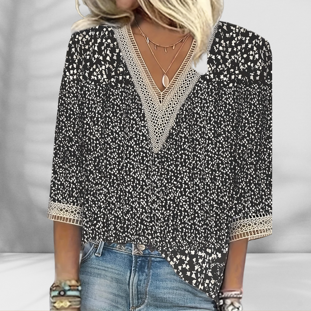 Maricela | Blouse V Neck Printed Lace Trim