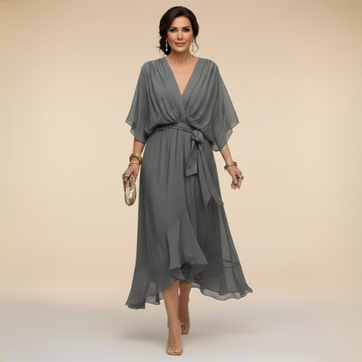 Harshani | Chiffon Wrap Midi Dress V Neck