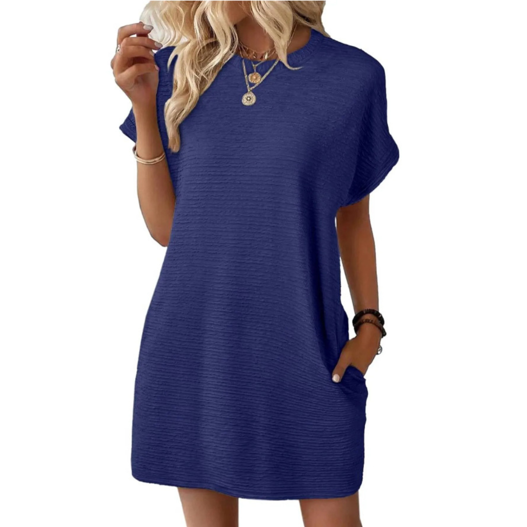 Elviaa - Short Sleeve Textured Pocket Mini Dress