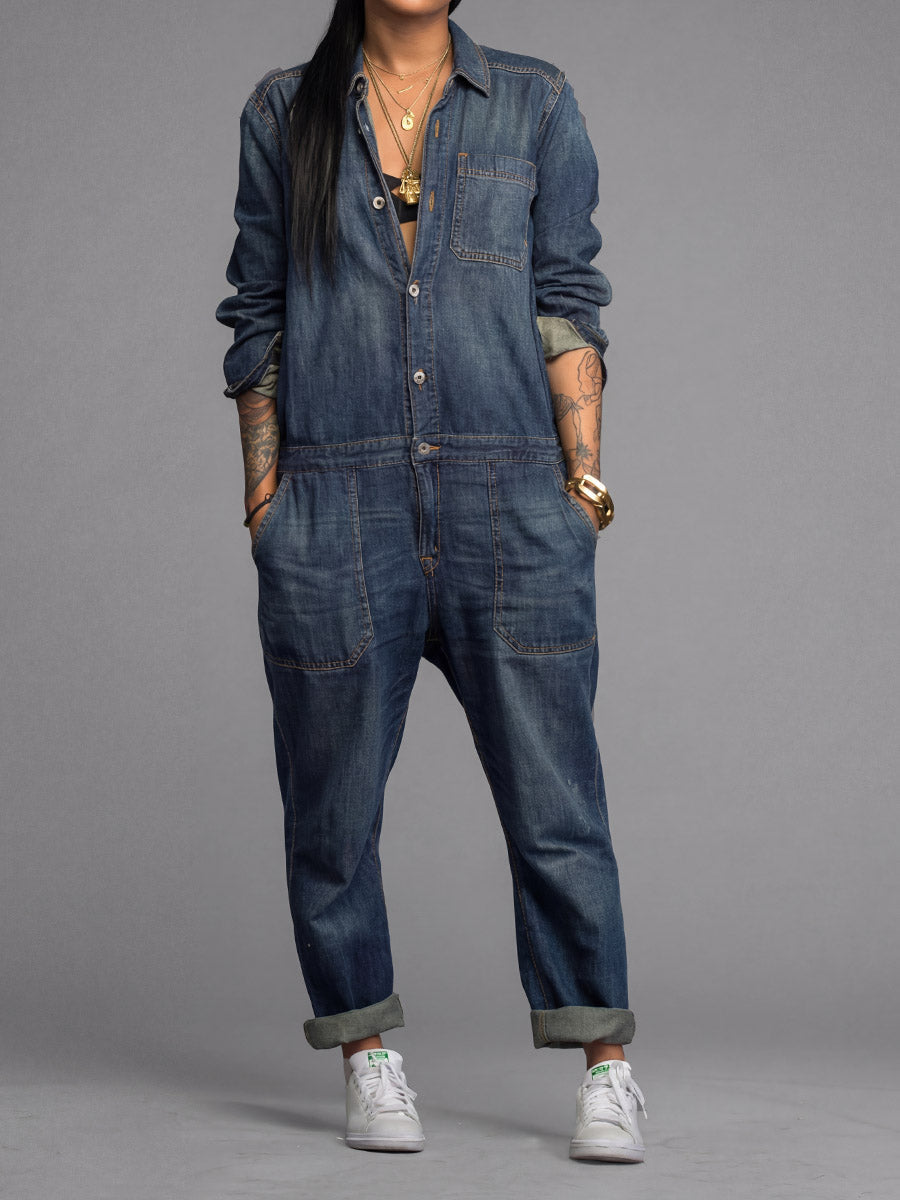Ravina - Button Front Utility Denim Style Jumpsuit