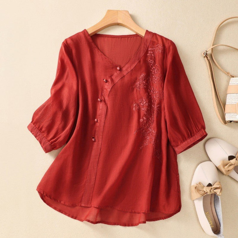 Loreen - Asymmetrical Button Tunic Embroidered Three Quarter Sleeve