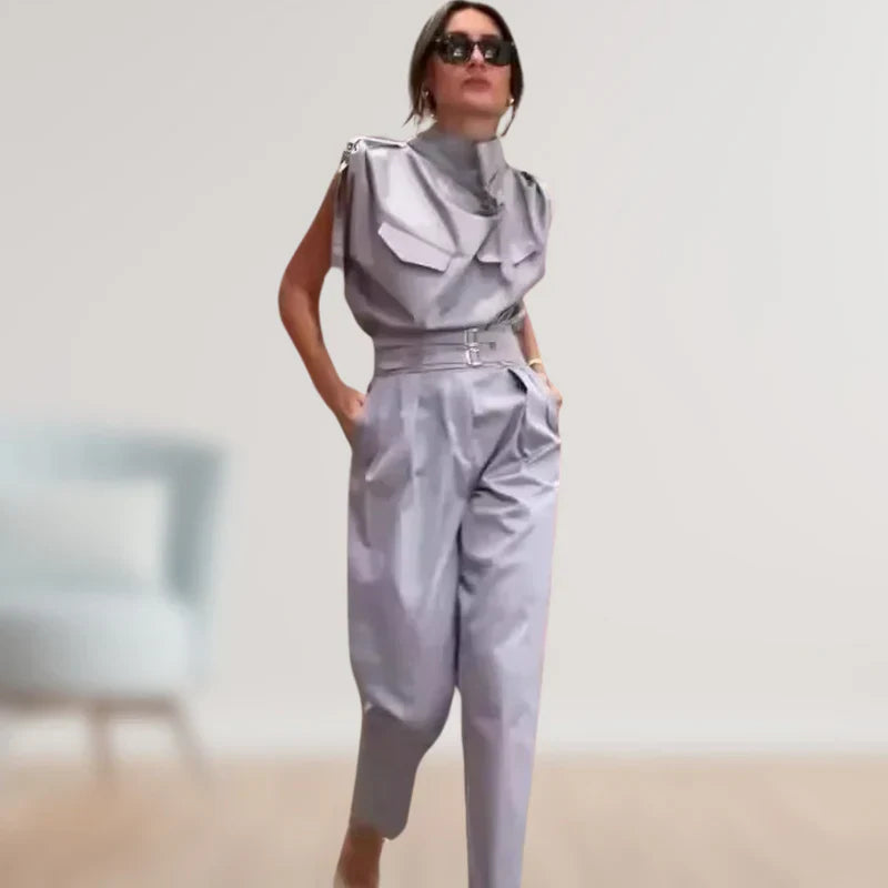 Reinhild | Sleeveless High Neck Belted Two Piece Set