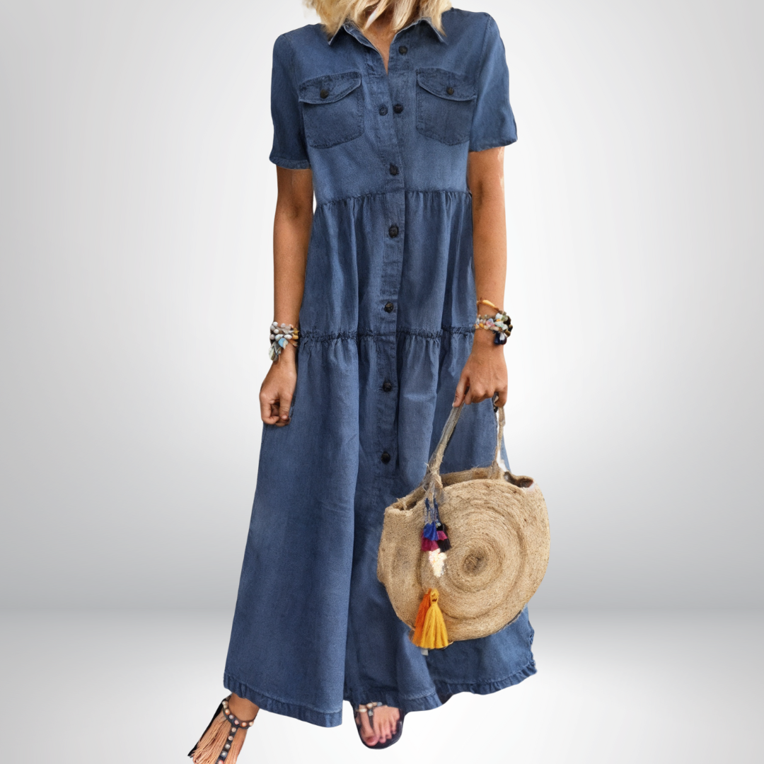 Leokadia | Denim Summer Dress Tiered Button Front