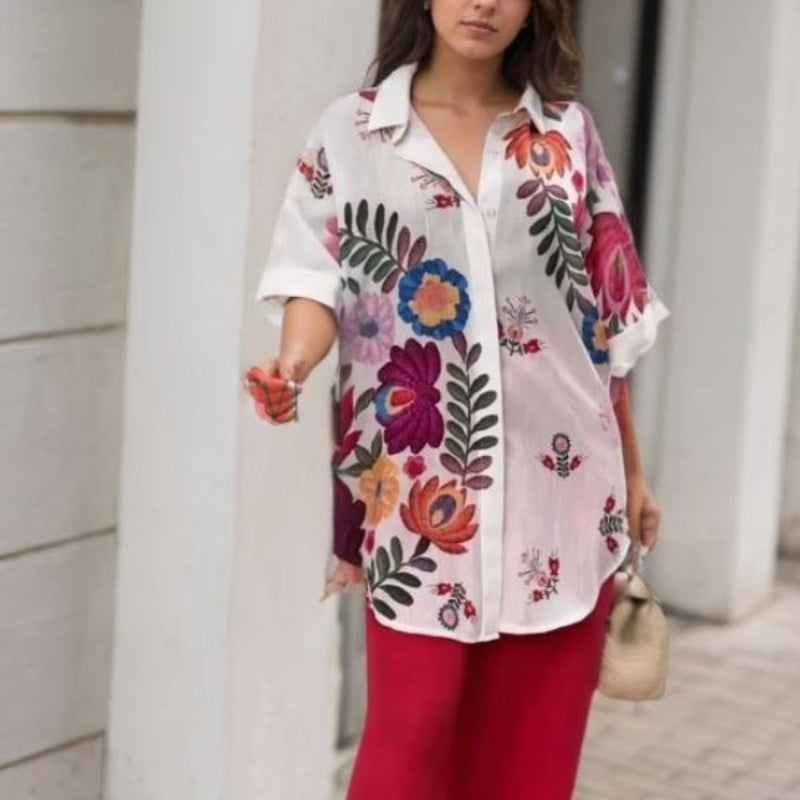 Rossella | Floral Print Short Sleeve Long Shirt