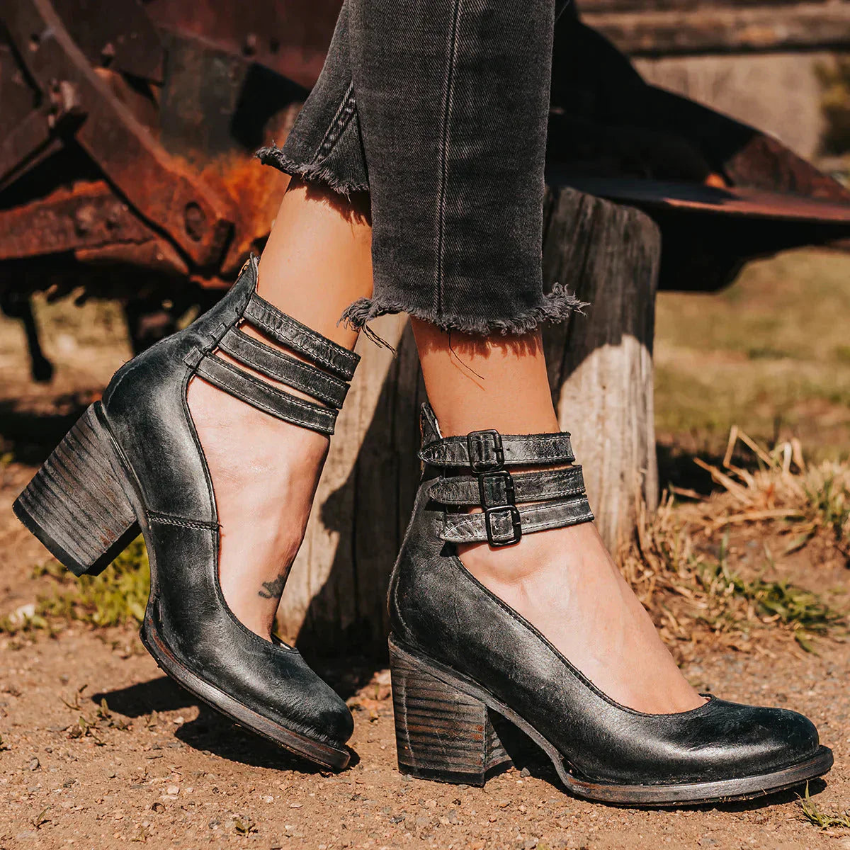 Steffie – Wooden Block Heel Strap Shoes