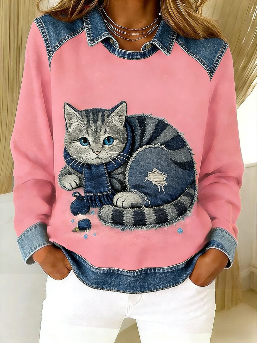 Eponin - Cat Print Patchwork Collar Sweatshirt