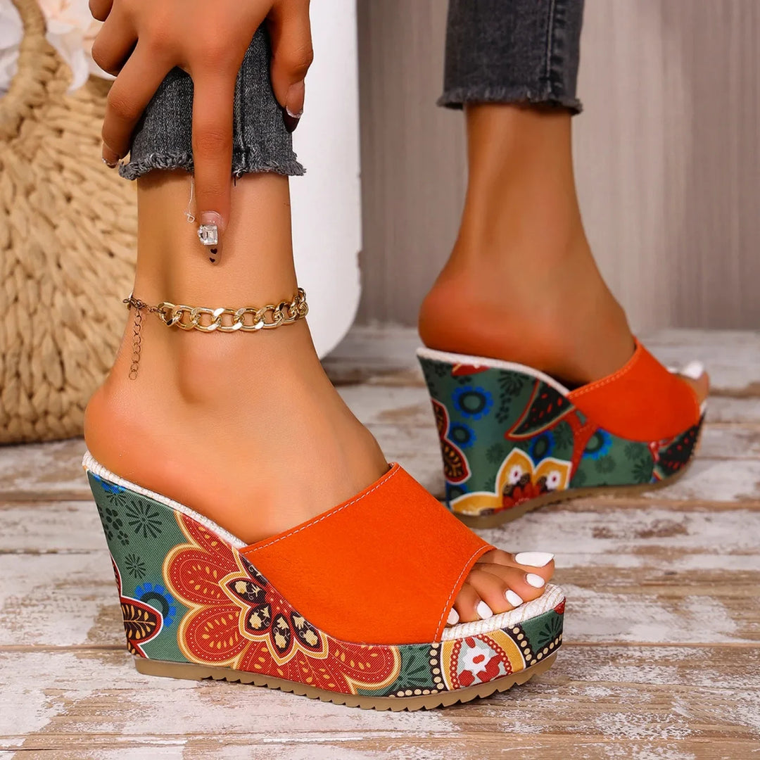 Laerke - Floral Print Wedge Slide Sandals