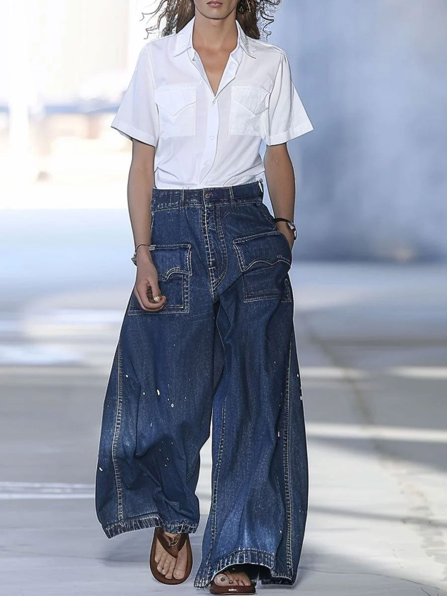 Azize | Dark Blue Wide Leg Denim Trousers