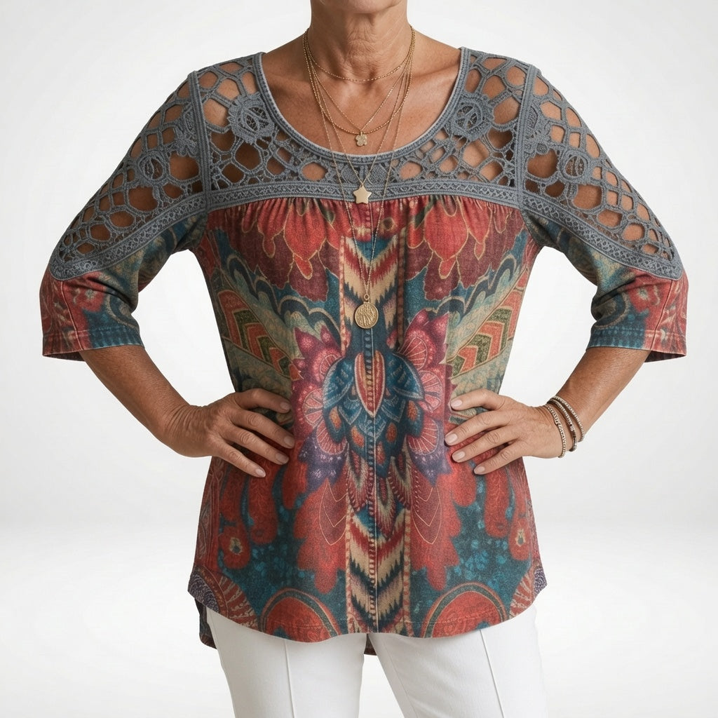 Steven | Crochet Shoulder Printed Tunic Top