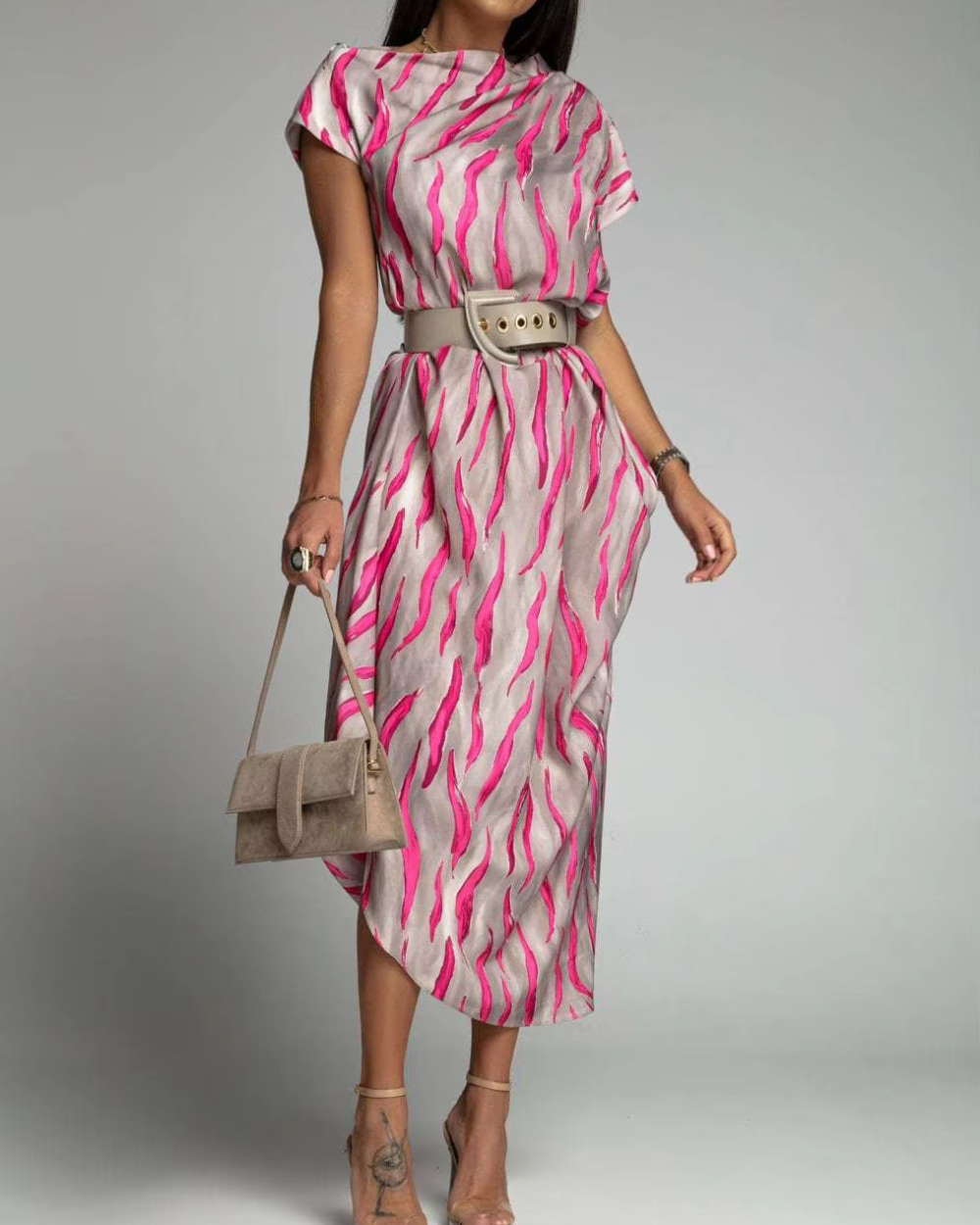 Angie - Asymmetric Printed Midi Dress With Belt